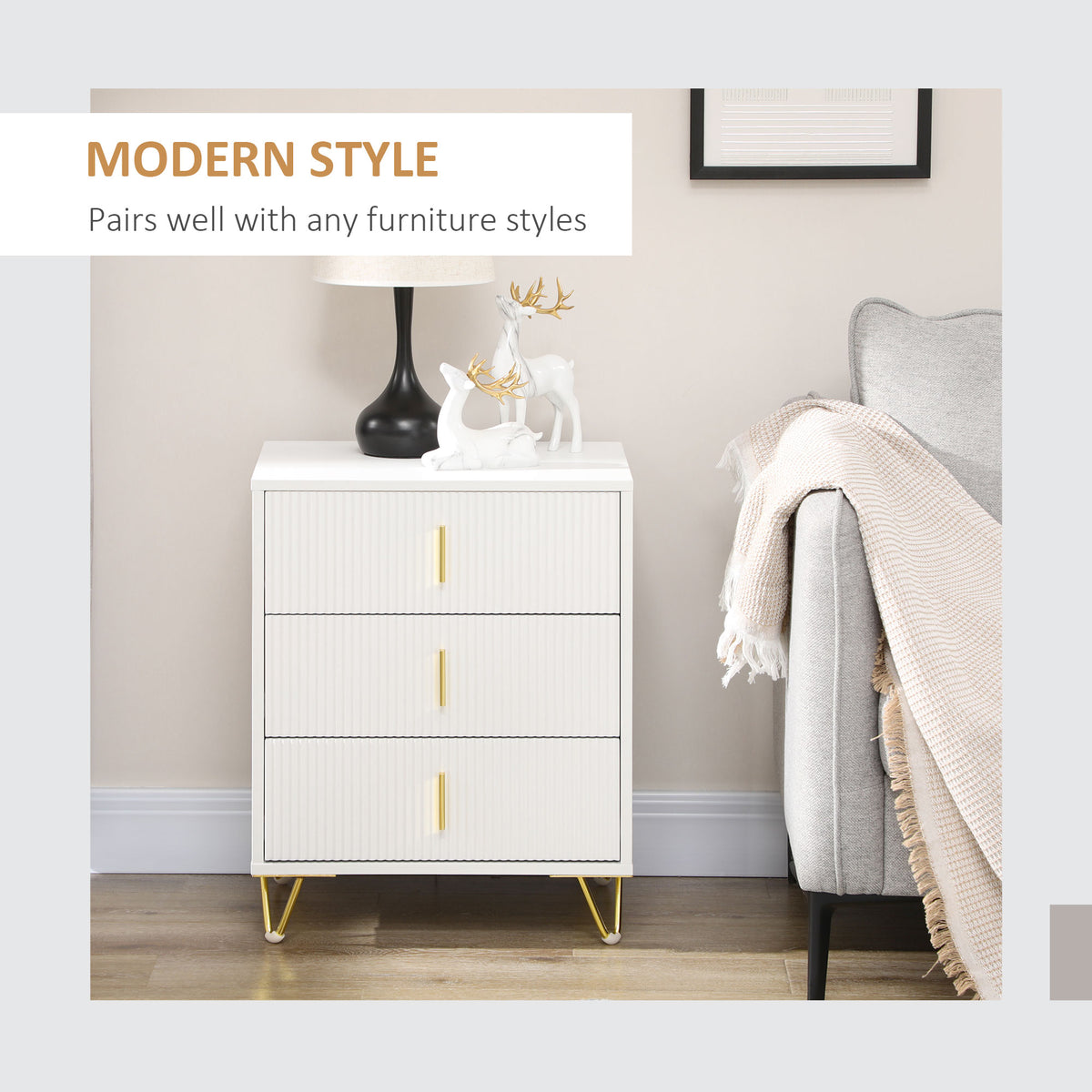3-drawer storage chest cabinet with metal legs