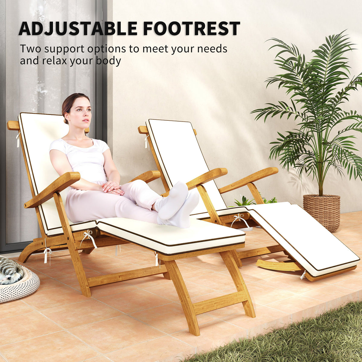 Folding Acacia Wood Patio Lounge Chair with Footrest