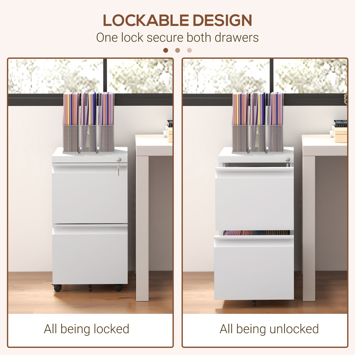 Mobile 2-Drawer Steel Filing Cabinet with Lock