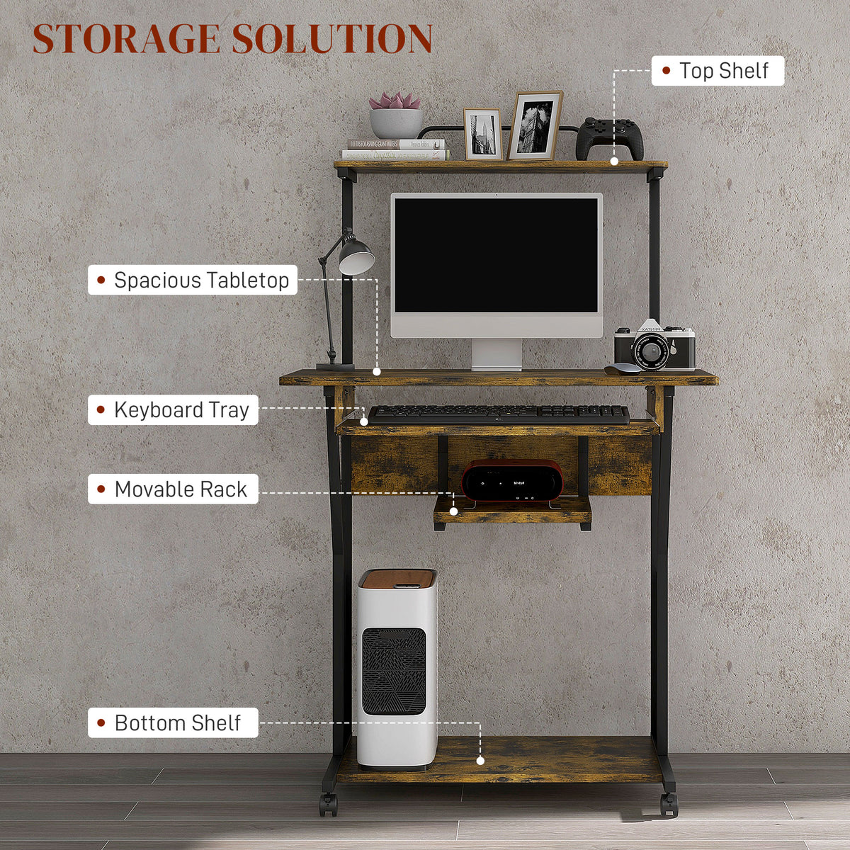 Mobile computer desk with shelves and rolling wheels