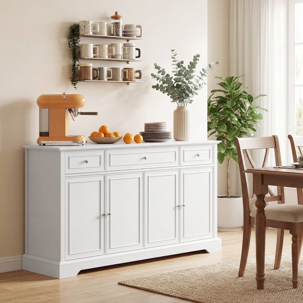 Sideboard Buffet Cabinet Soft-Close Doors 3 Drawers 54in
