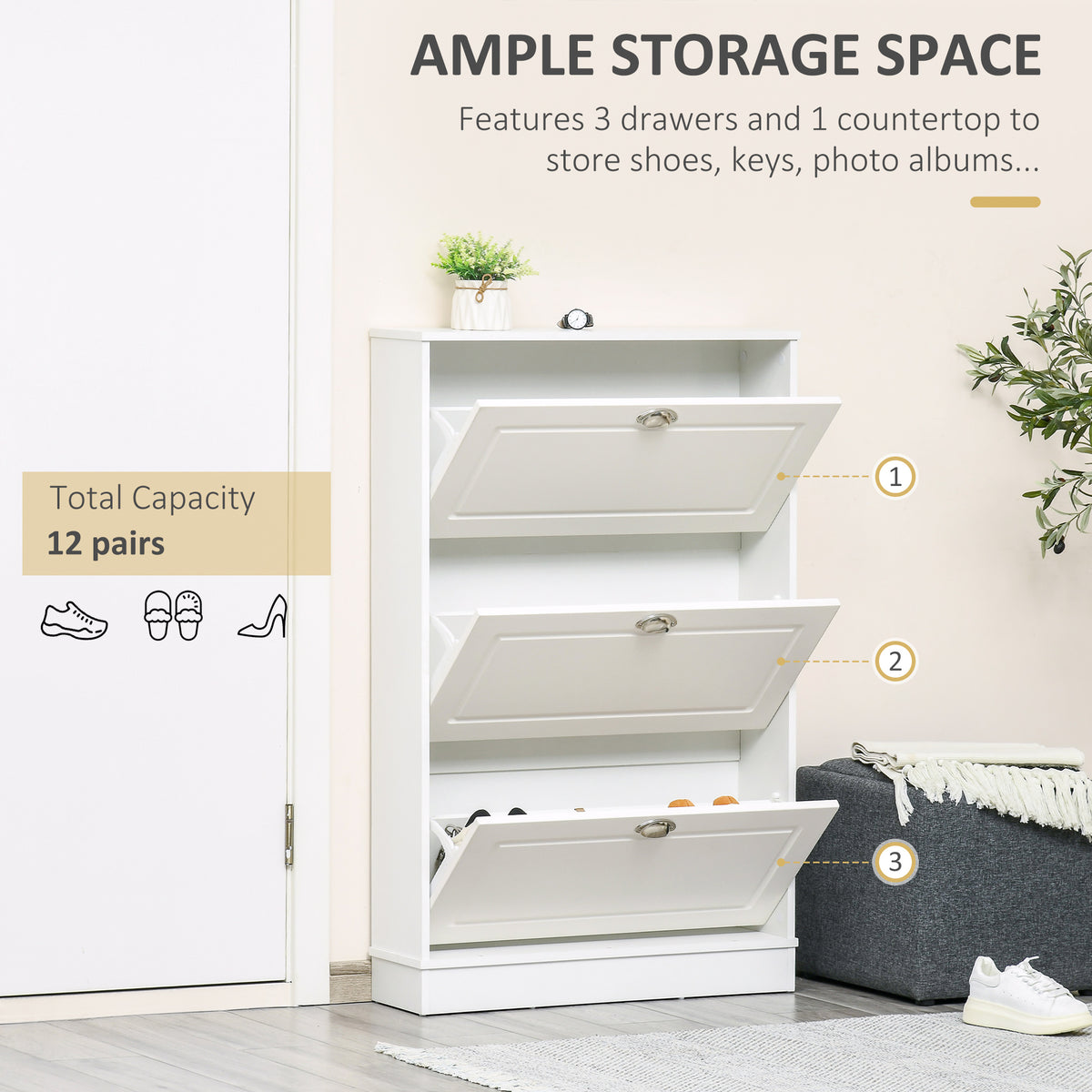 Narrow shoe cabinet with 3 flip drawers