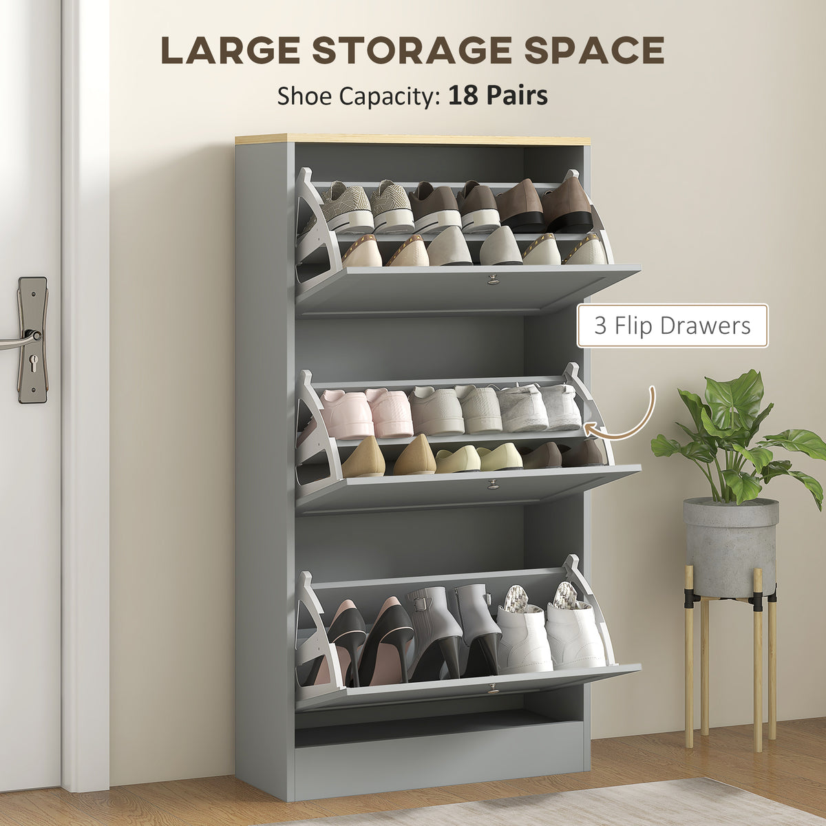 Shoe Cabinet 3 Flip Drawers Adjustable Shelves, 12-18 Pairs