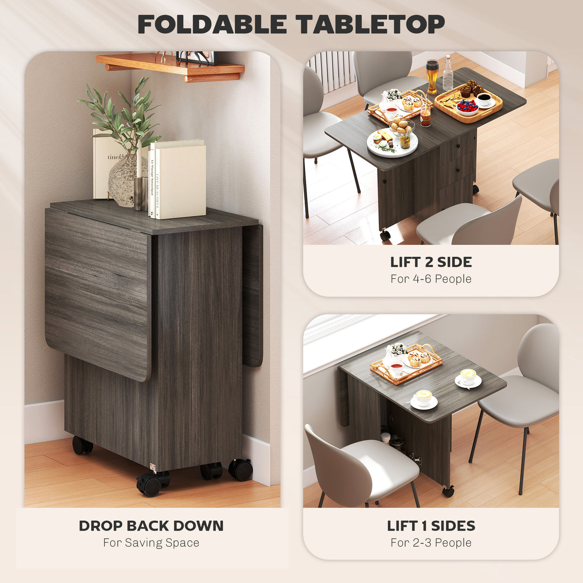 Mesa de comedor plegable y abatible con almacenamiento y ruedas