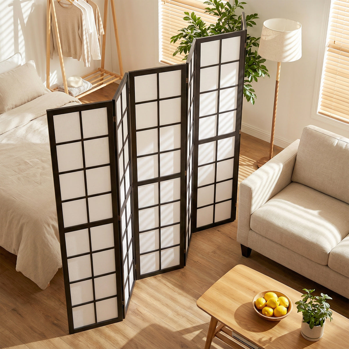 Biombo plegable de 4 paneles de madera de pino