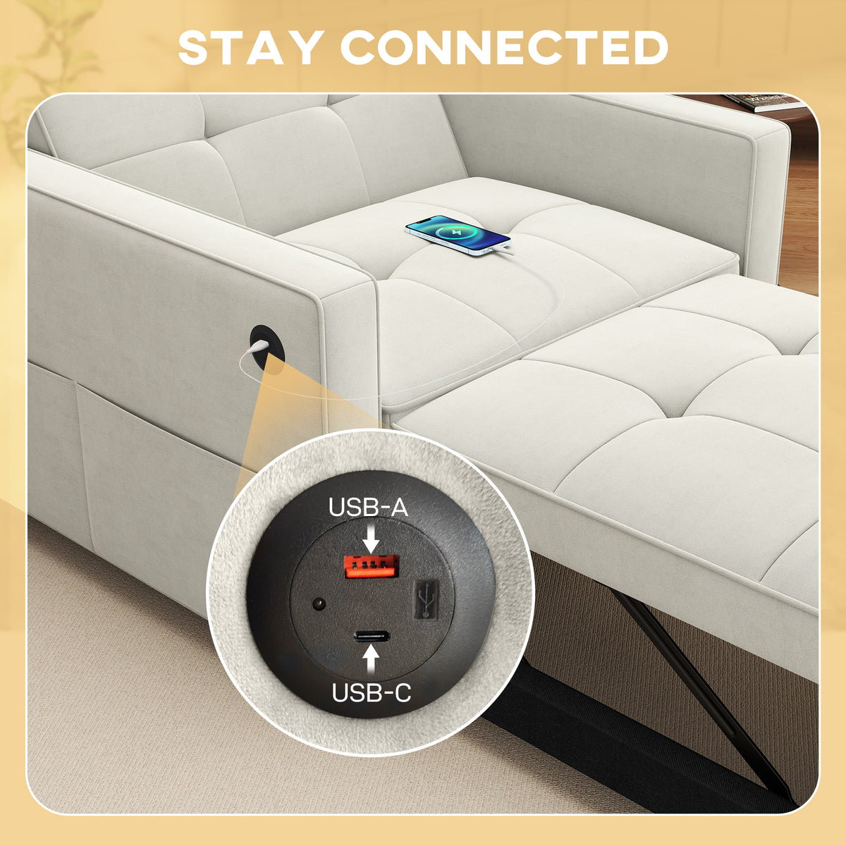 Convertible Velvet Chair Bed with USB Charging