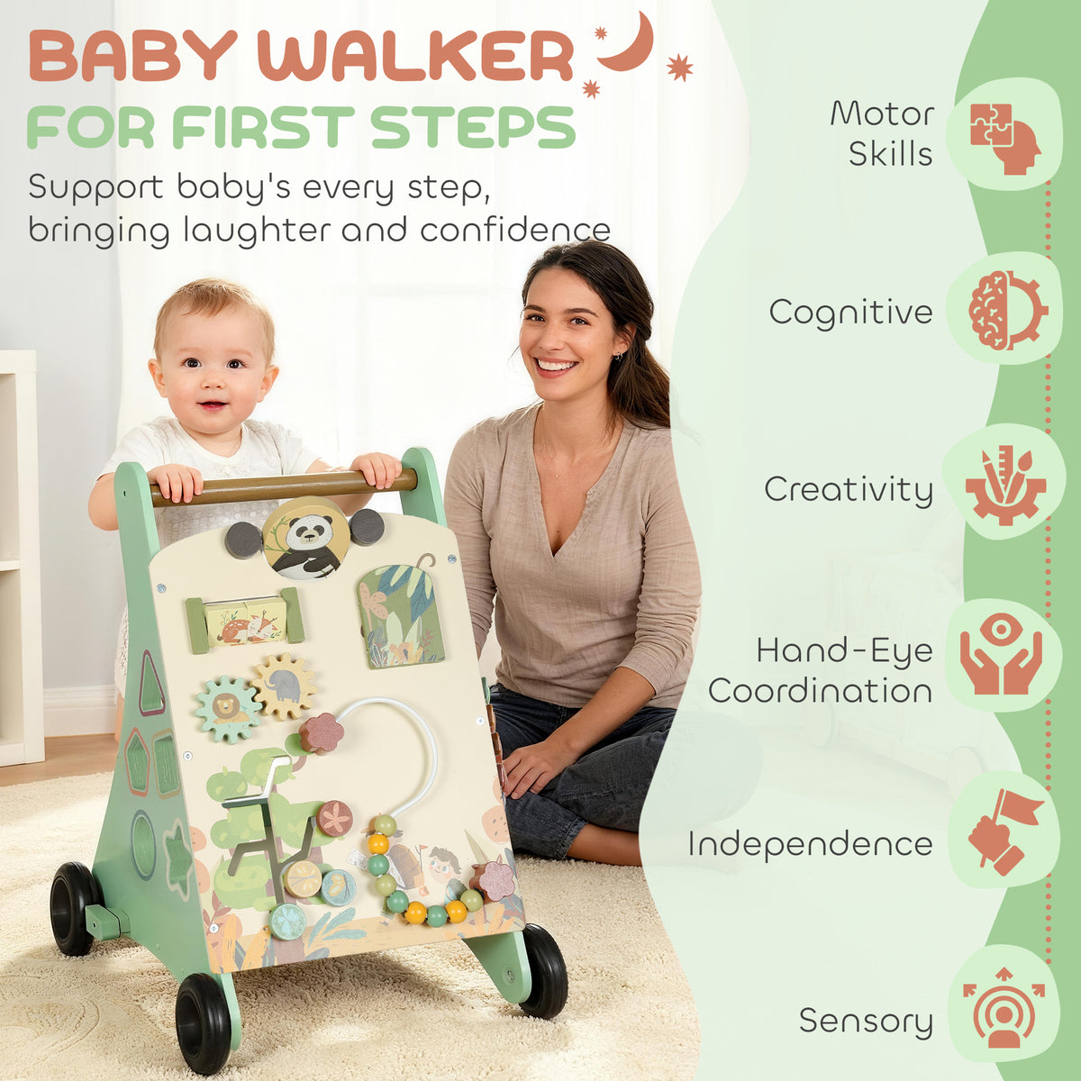 Wooden baby walker with activity centre