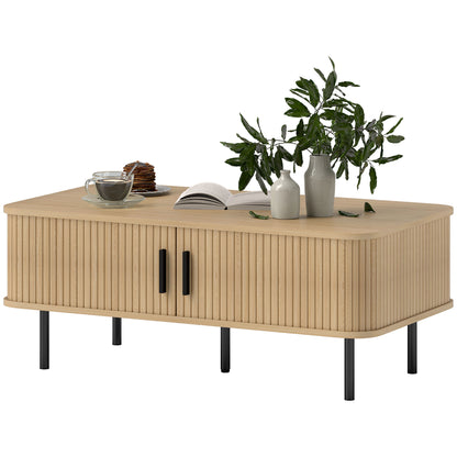 Mesa de centro nórdica con puertas correderas tipo tambor y patas de acero