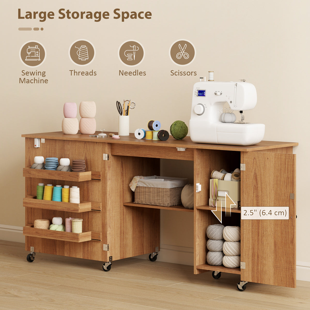 Folding Sewing Table with Storage — Wood