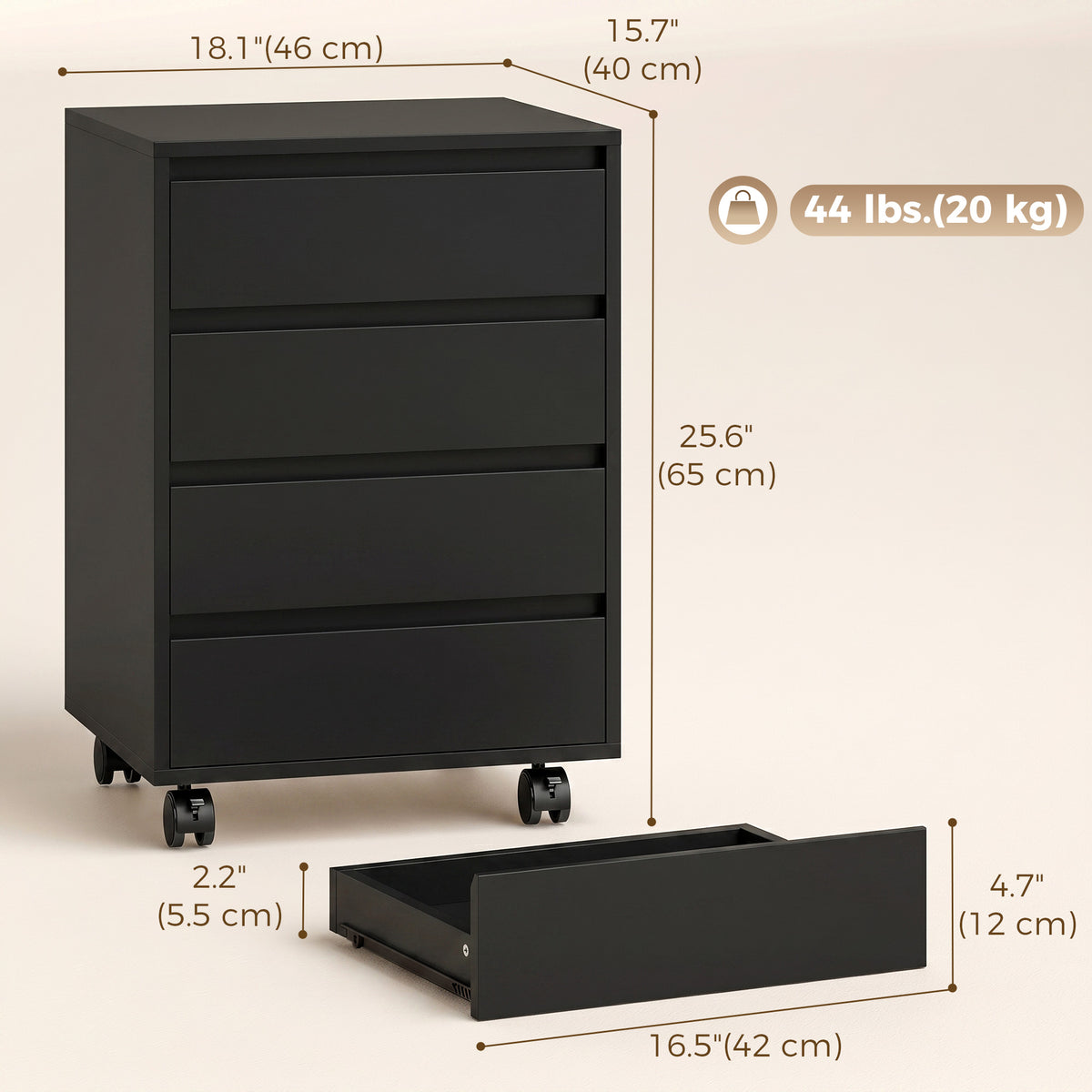 Mobile 4-drawer office filing cabinet