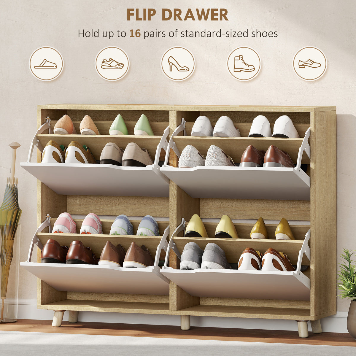 Narrow shoe cabinet with flip drawers