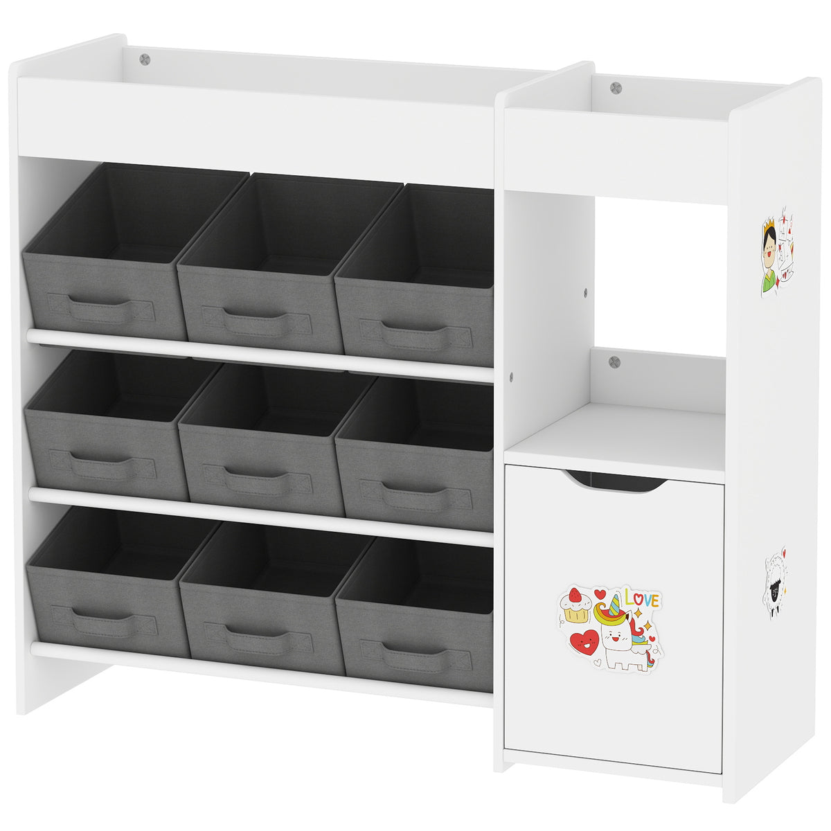 Toy storage organizer with bins and cabinet