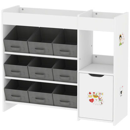 Toy storage organizer with bins and cabinet