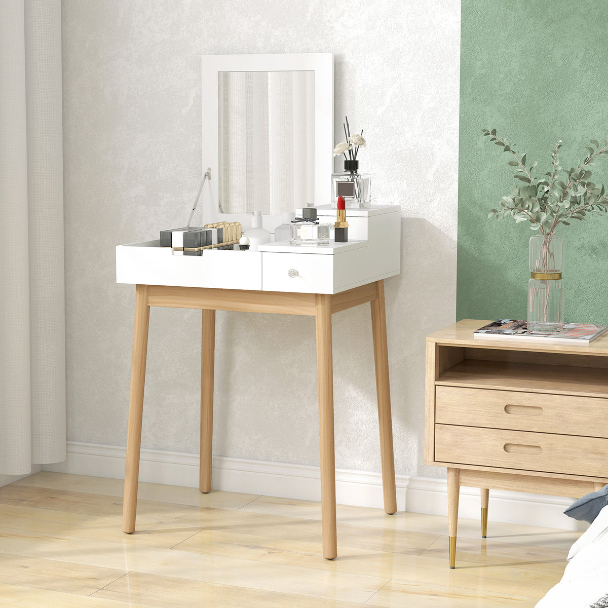Vanity table with flip-up mirror and drawers