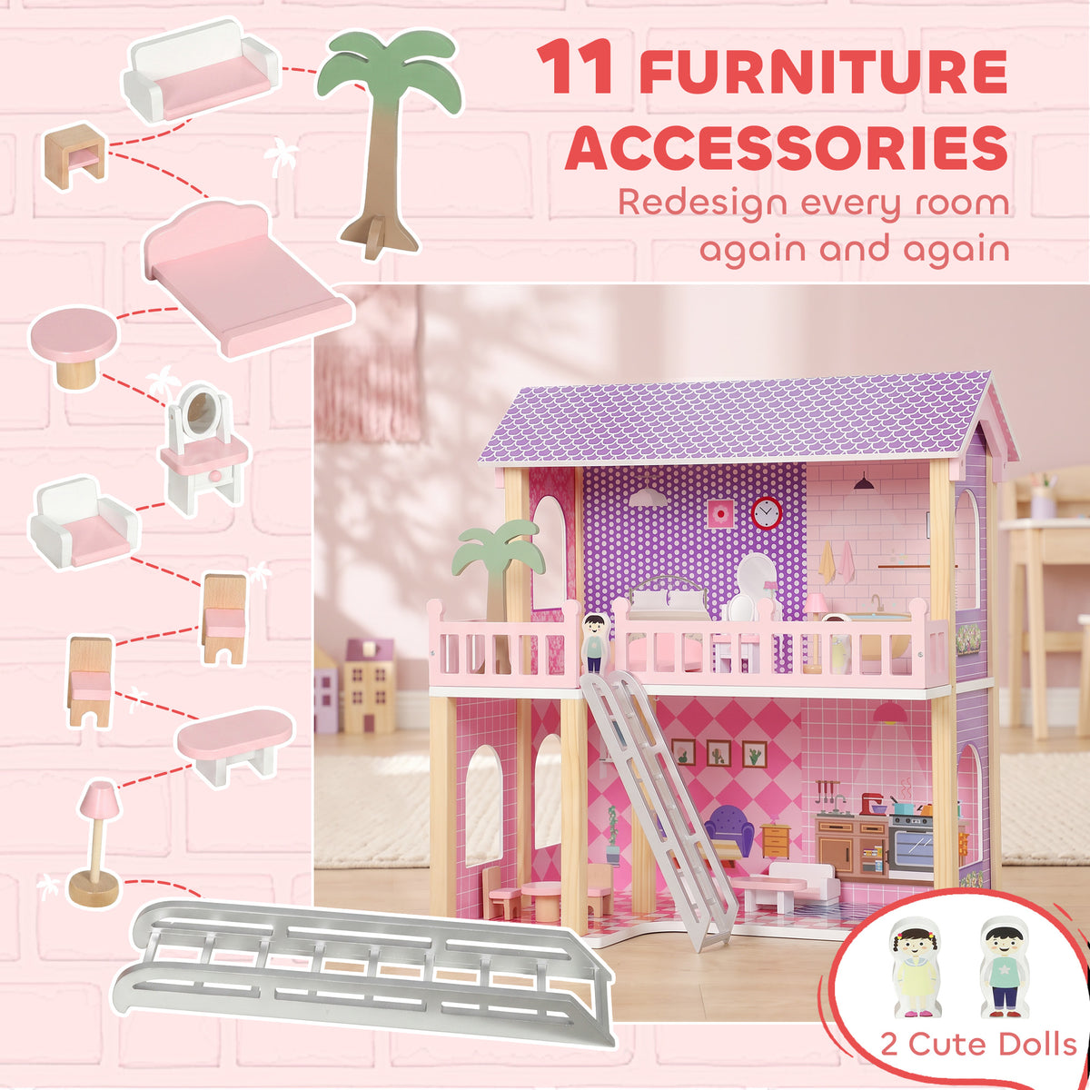 Casa de muñecas de madera con muebles