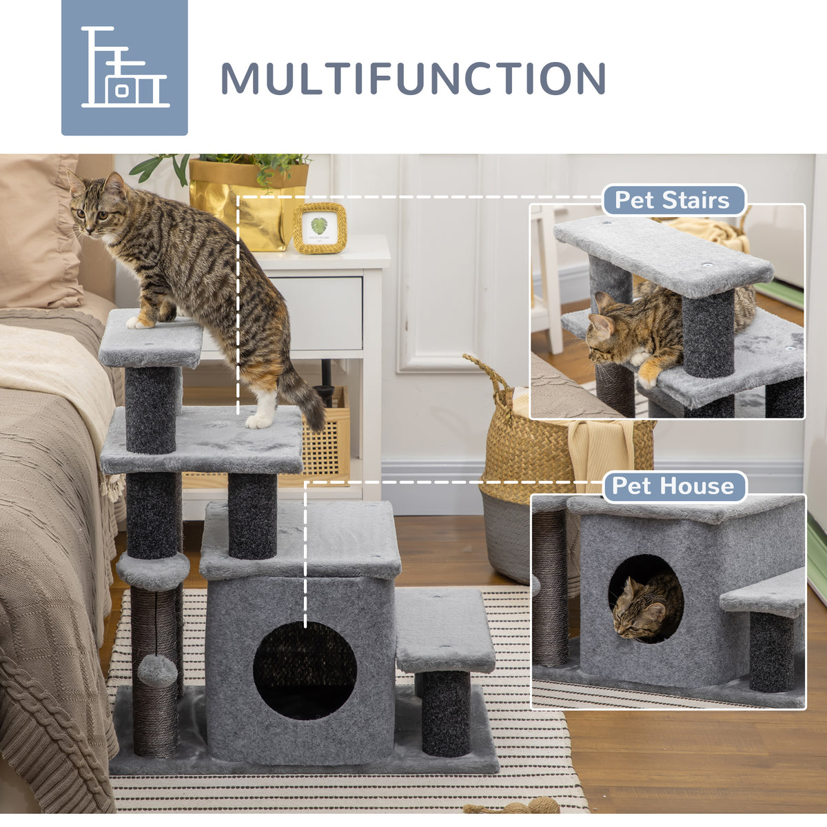 Escaleras para gatos con rascador y caseta