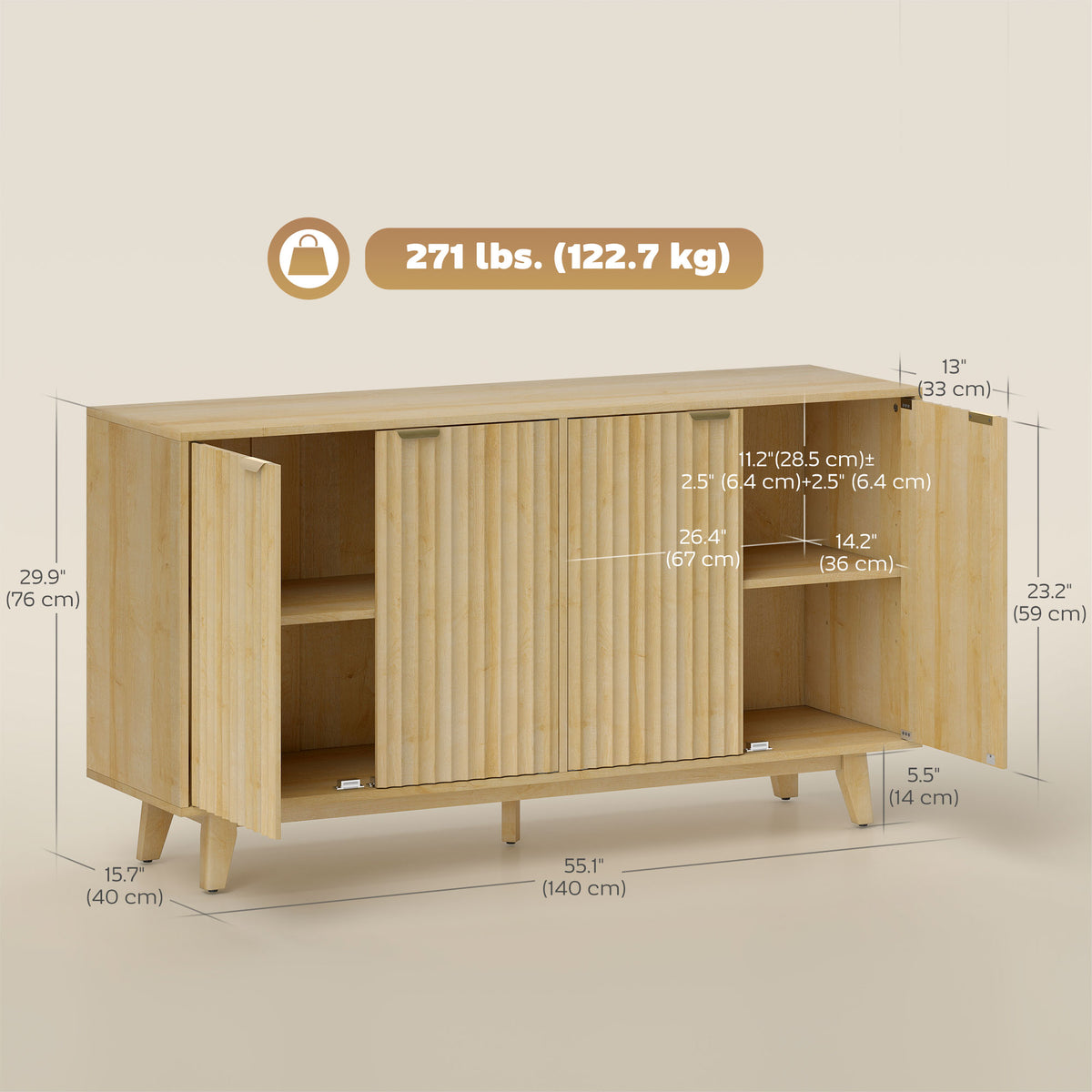 Fluted Sideboard Buffet Cabinet 140 x 40 x 76 cm