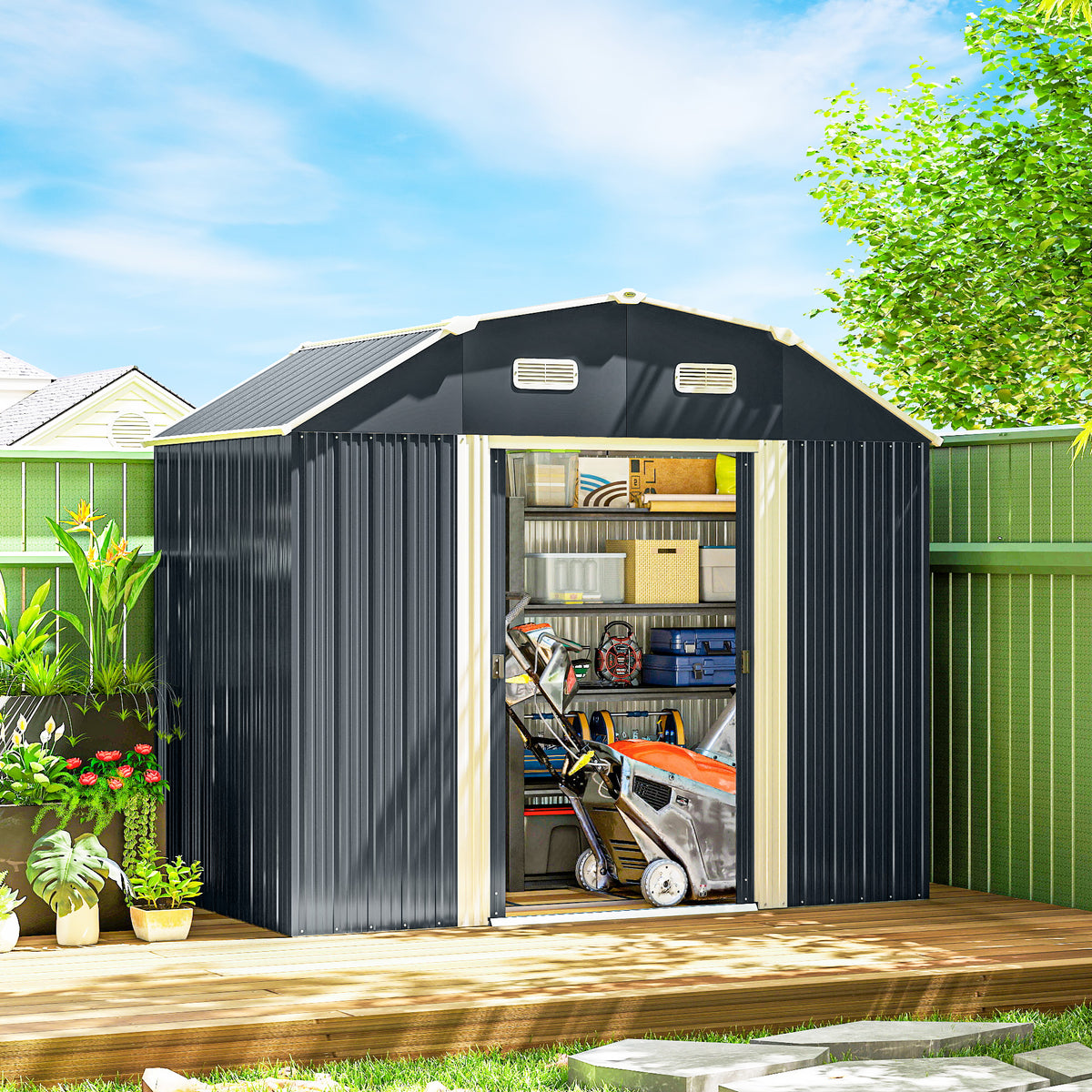 8 x 4 ft Garden Storage Shed Galvanized Steel Sliding Doors