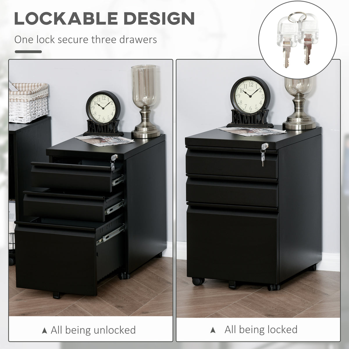 Mobile filing cabinet 3 drawer lockable steel