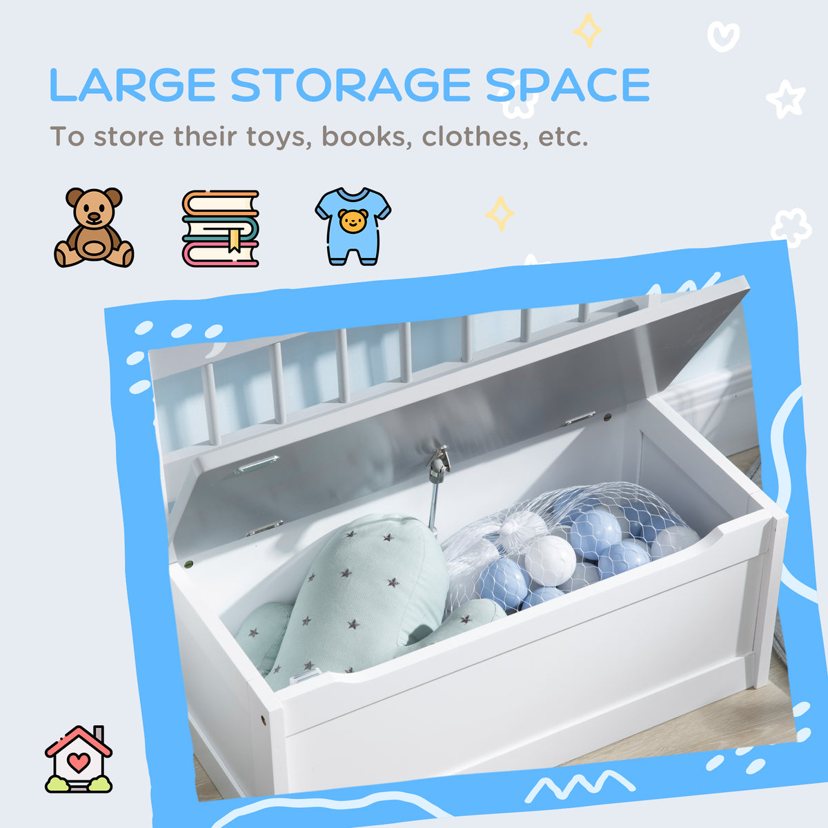 Kids toy box storage chest with backrest