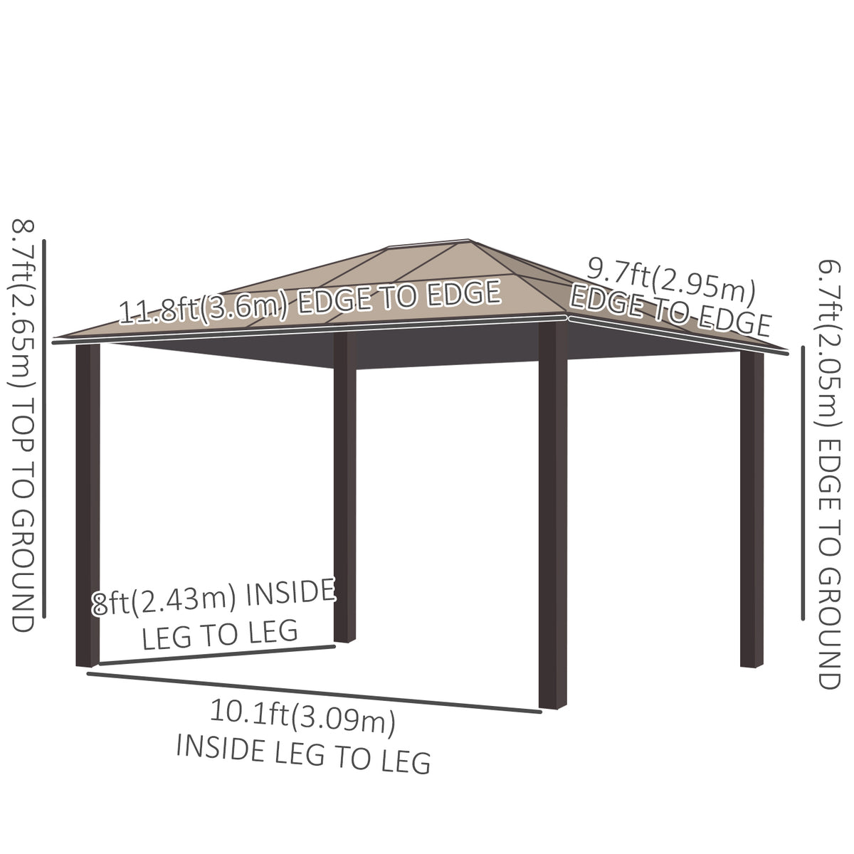 3x3.6m Hardtop Gazebo Polycarbonate - Brown