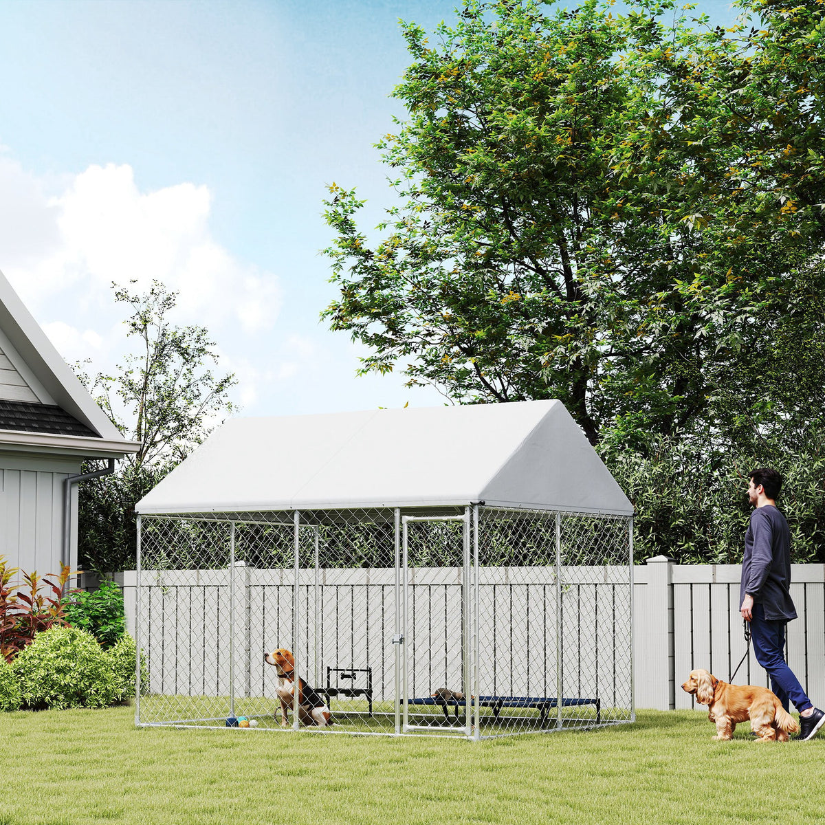 Canil exterior de acero galvanizado para perros con techo impermeable