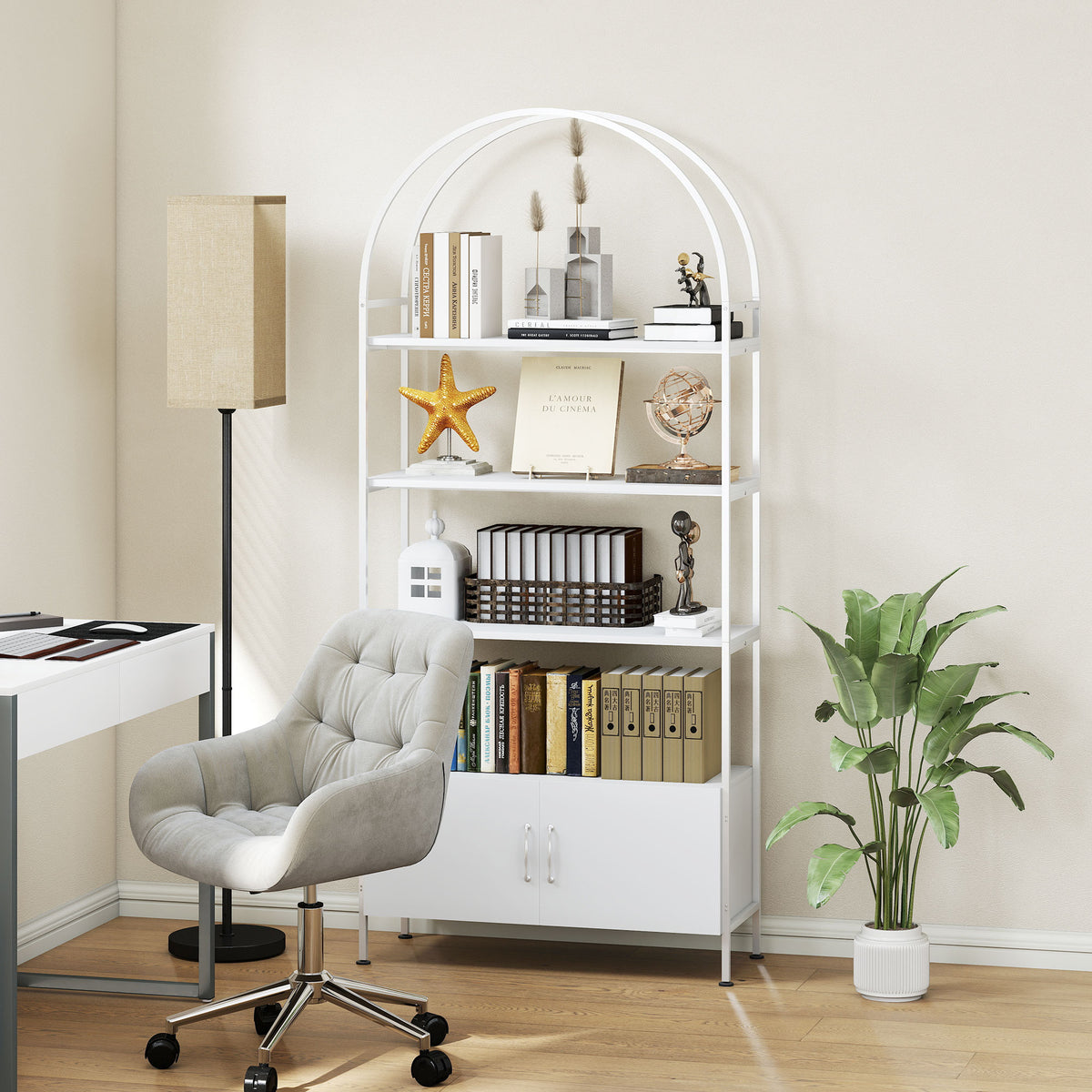 Librería arqueada de 4 niveles con mueble de almacenamiento