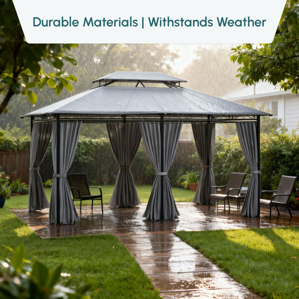 2-Tier Patio Gazebo 10x13 ft with Curtains