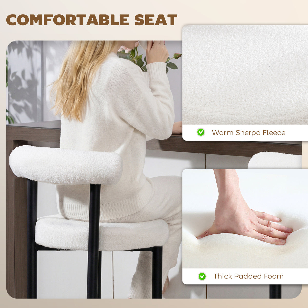 Bar stools sherpa upholstered with backrest set of 2