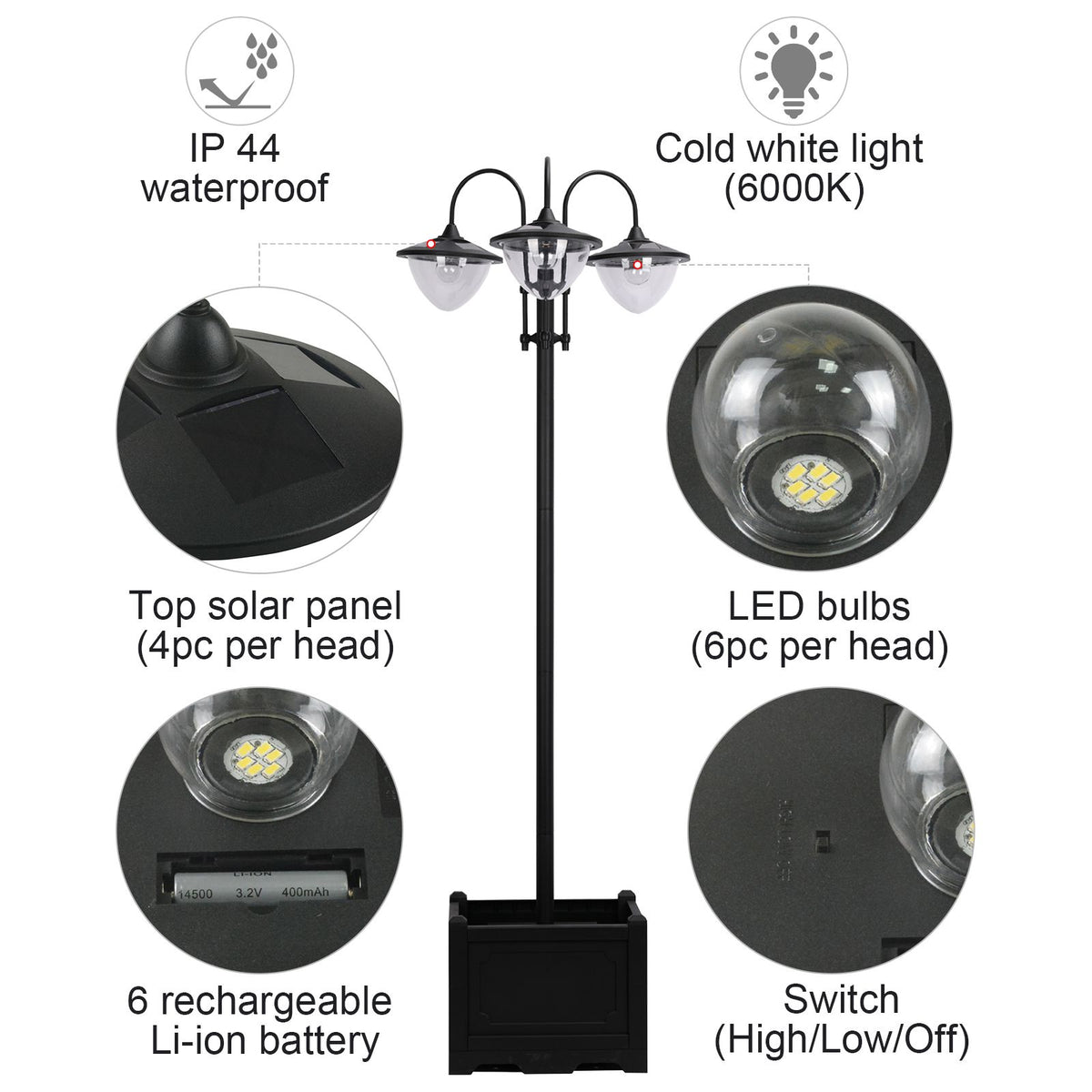 3 ਸਿਰਿਆਂ ਵਾਲਾ ਸੋਲਰ LED ਲੈਂਪਸਟੈਂਡ ਗੁਲਦਾਨ ਨਾਲ