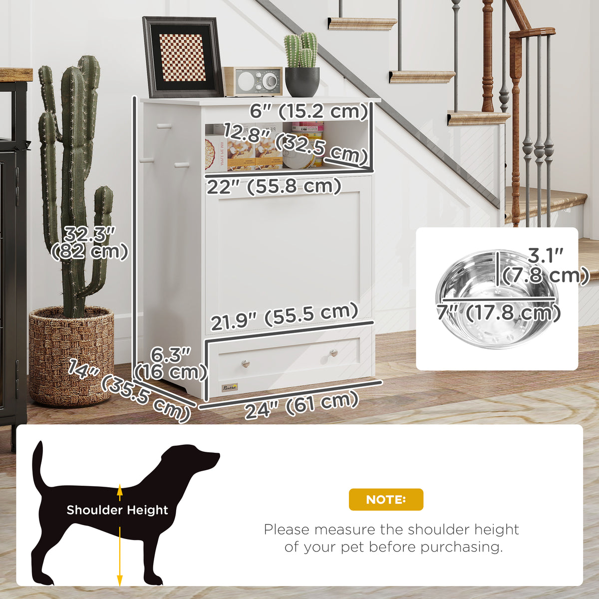 Pet feeder station with storage cabinet and bowls