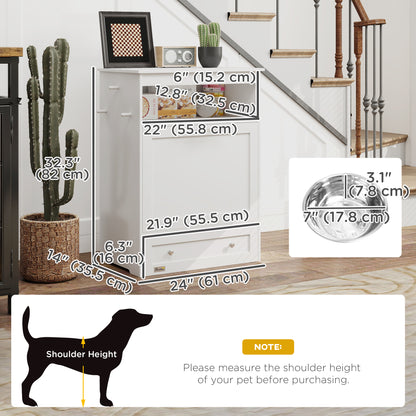 Pet feeder station with storage cabinet and bowls