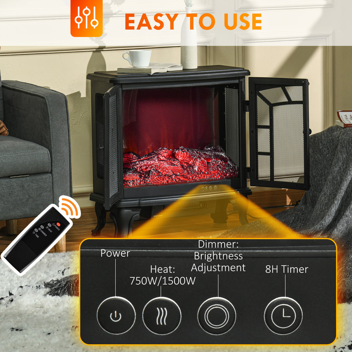 Freestanding Electric Fireplace Heater Realistic Flame 1500W