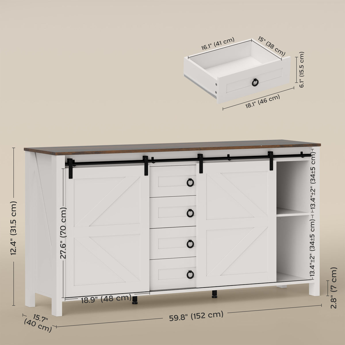 Aparador estilo granja con puertas correderas 152 cm