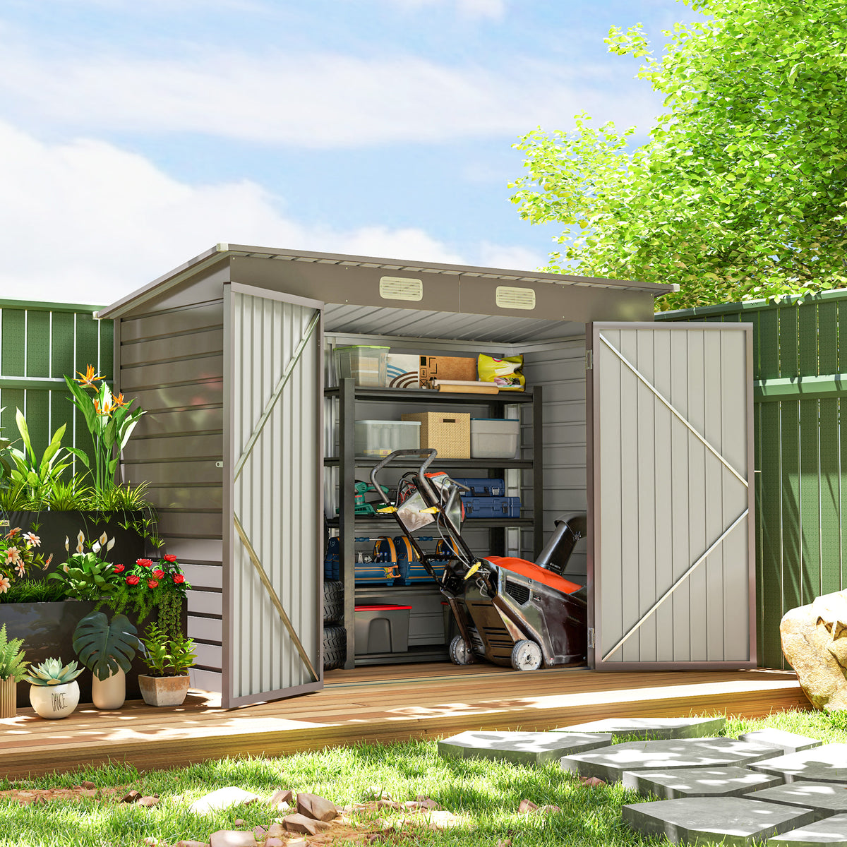 Galvanized steel garden storage shed with double doors and vents
