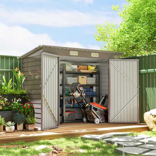 Galvanized steel garden storage shed with double doors and vents
