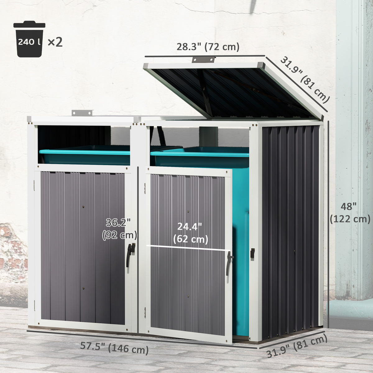Double Garbage Bin Shed Lockable — Dark Grey