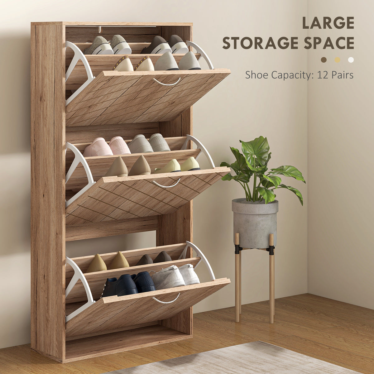 Narrow 3-tier flip drawer shoe storage cabinet