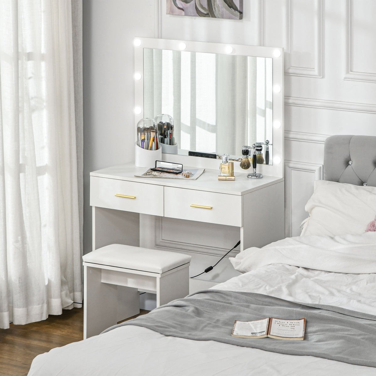 Vanity Desk Set with LED Mirror and Stool