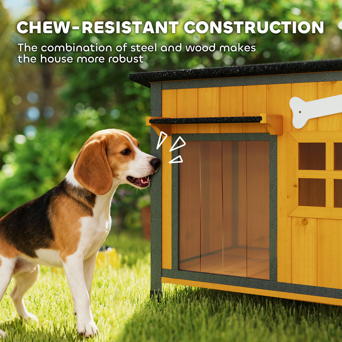 Caseta exterior para perros de madera y acero resistente
