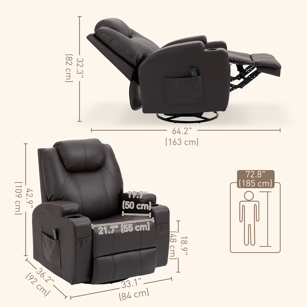Swivel massage reclining armchair in faux leather