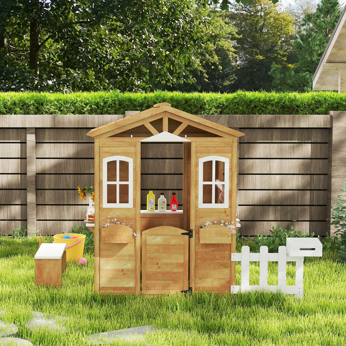 Kids Wooden Playhouse with Bench and Serving Station