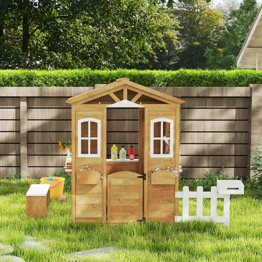 Kids Wooden Playhouse with Bench and Serving Station