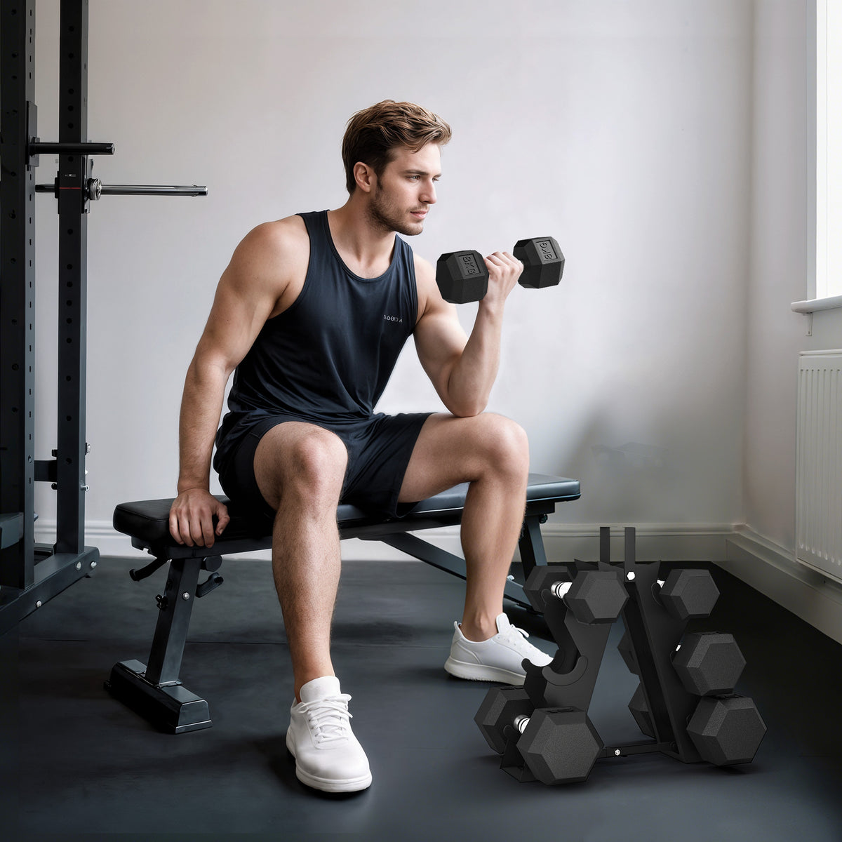 Hex Dumbbell Set with Metal Rack