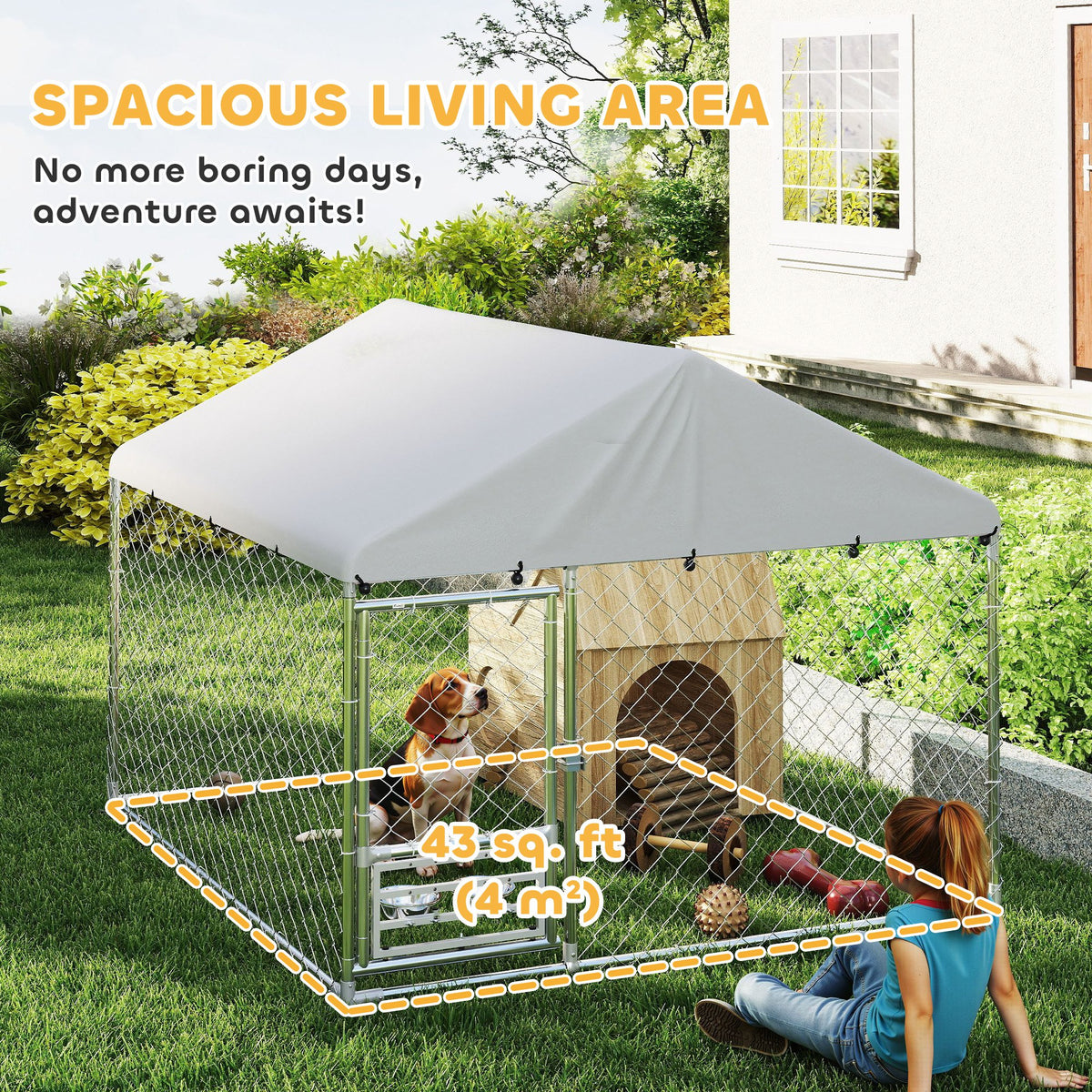 Outdoor dog kennel with bowls and resistant cover