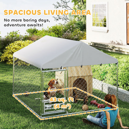 Outdoor dog kennel with bowls and resistant cover