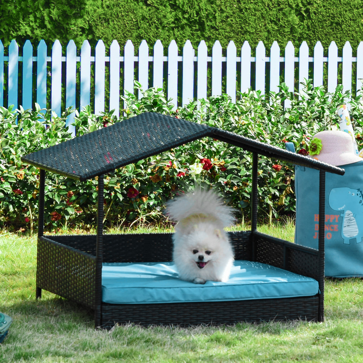 Elevated Rattan Dog House with Canopy Shelter