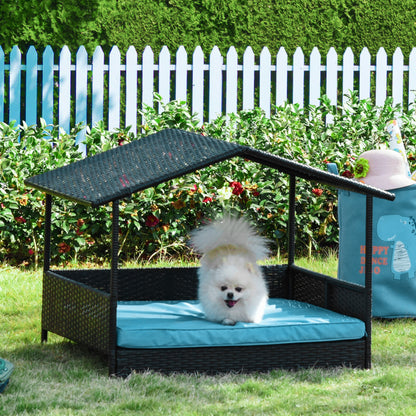 Elevated Rattan Dog House with Canopy Shelter