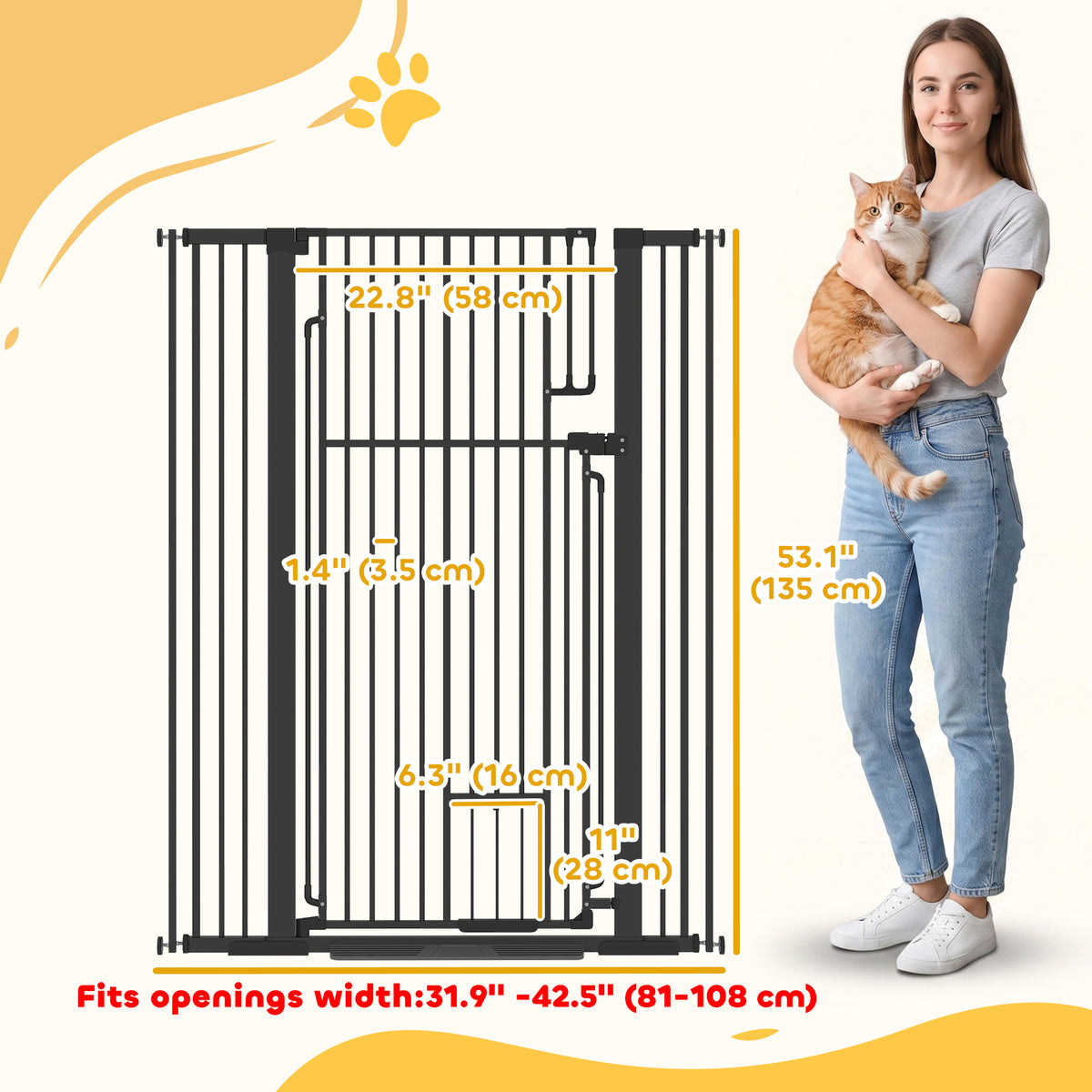 Dog Gate 53.1" Tall with Built-in Cat Door