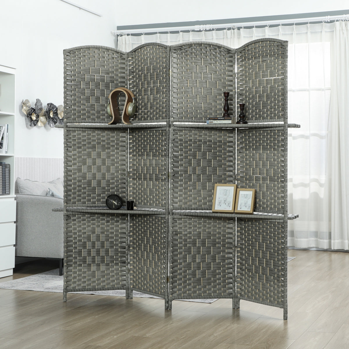 Room divider privacy screen with pine shelves